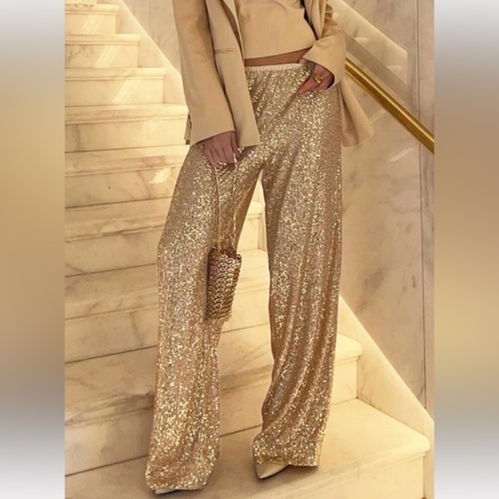 NWT Cable & Gauge Sparkling Champagne Sequin Gorgeous wide Leg Pant With Pockets